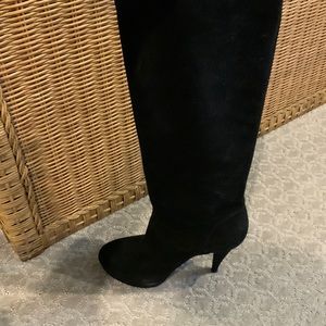 Modern vintage platform heel black suede knee-high boots. Excellent condition